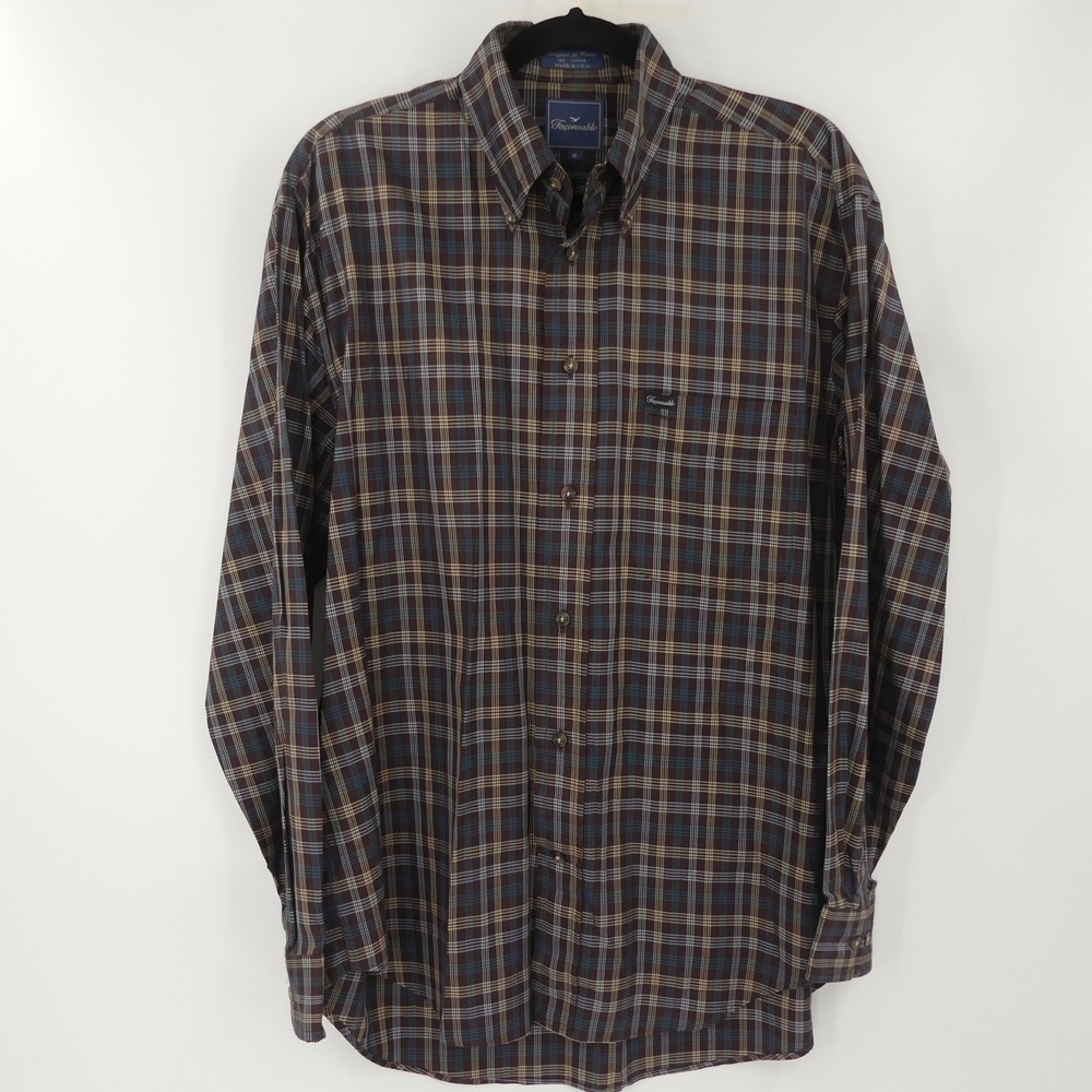 Faconnable Button Down Long Sleeve‎ Shirt Brown Plaid Check Made in USA Medium M